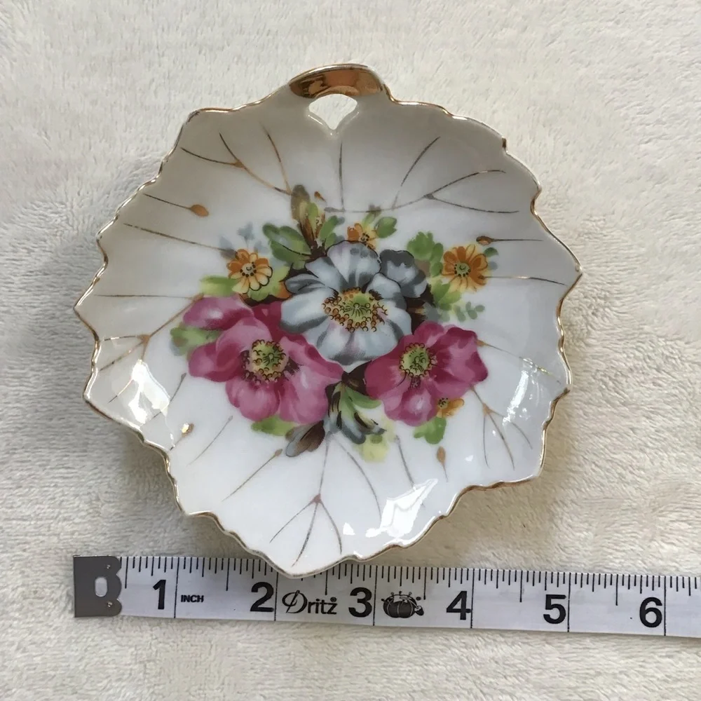 Vintage Japan Floral Porcelain Trinket Dish Gold Trim Scalloped Handle